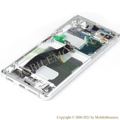 Displejs Samsung SM-G998 Galaxy S21 Ultra ar Skārienjūtīgo stiklu un apkart ramiti, ar akumulatoru Sudrabs